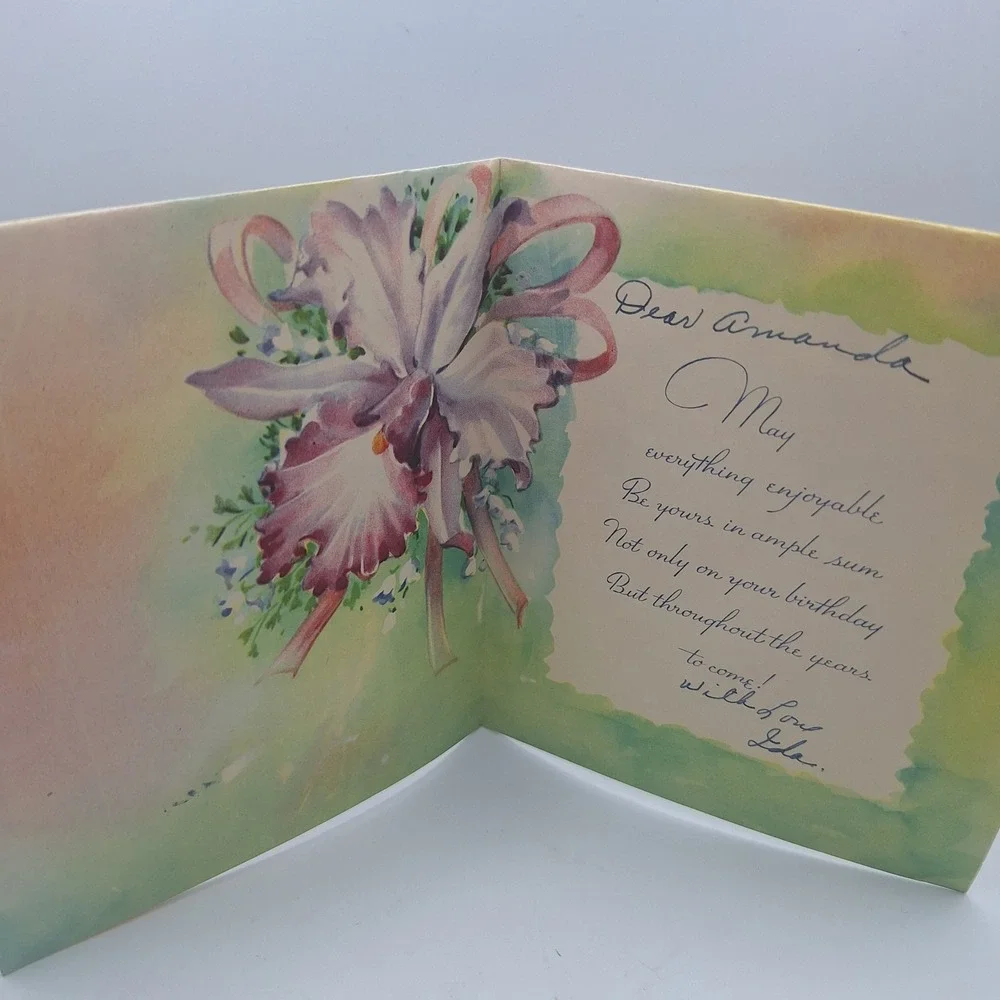 Vintage Satin Blossoms Birthday Card Orchid Ribbon‎ 